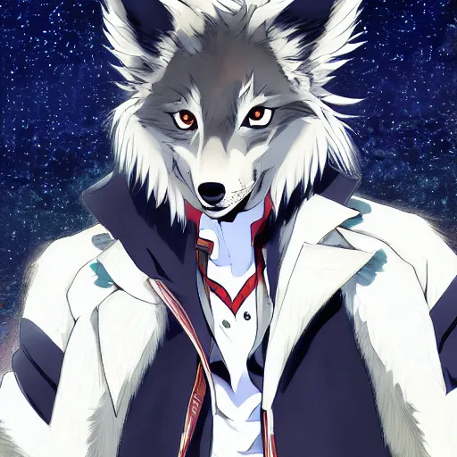 Prompt: key anime visual portrait of an anthropomorphic anthro wolf fursona, in a jacket, with handsome eyes, official anime art