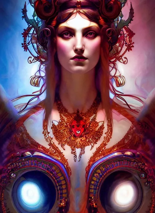 Image similar to the goddess hera looking angry, glowing eyes, paper tunic, volumetric lights, red and cyan theme, art nouveau botanicals, gothic, intricate, highly detailed, digital painting, artstation, concept art, smooth, sharp focus, symmetric face, illustration, art by artgerm and greg rutkowski and alphonse mucha