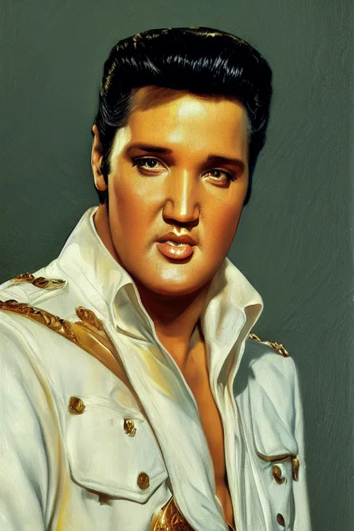 Image similar to Elvis Presley oil on canvas, golden hour, artstation, by J. C. Leyendecker and Peter Paul Rubens,