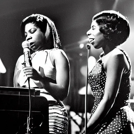 Prompt: old film photo of Nina Simone and Amy Winehouse on stage at a club, dark lit, beautiful lighting, halation, realistic, chromatic aberration, dof, god rays,