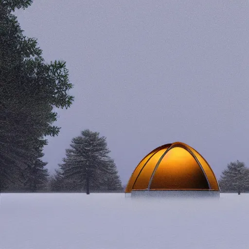 Image similar to advanced futuristic tent, camping on top of a tower, in an ice storm, hyperrealism