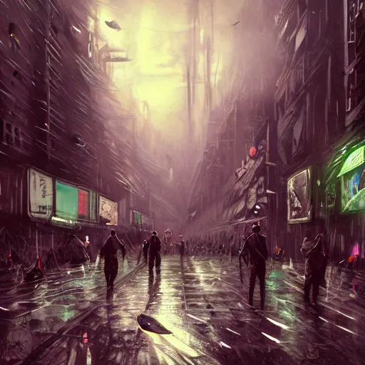 Image similar to A dark painting of a cyberpunk city infested with giant pigeons, trending on art station