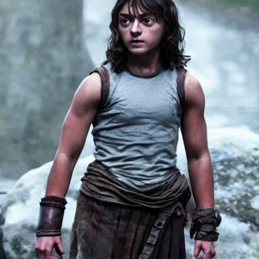 Image similar to muscular young arya stark showing her abs, glisten, high resolution, hard light, cnn, afp, reuters