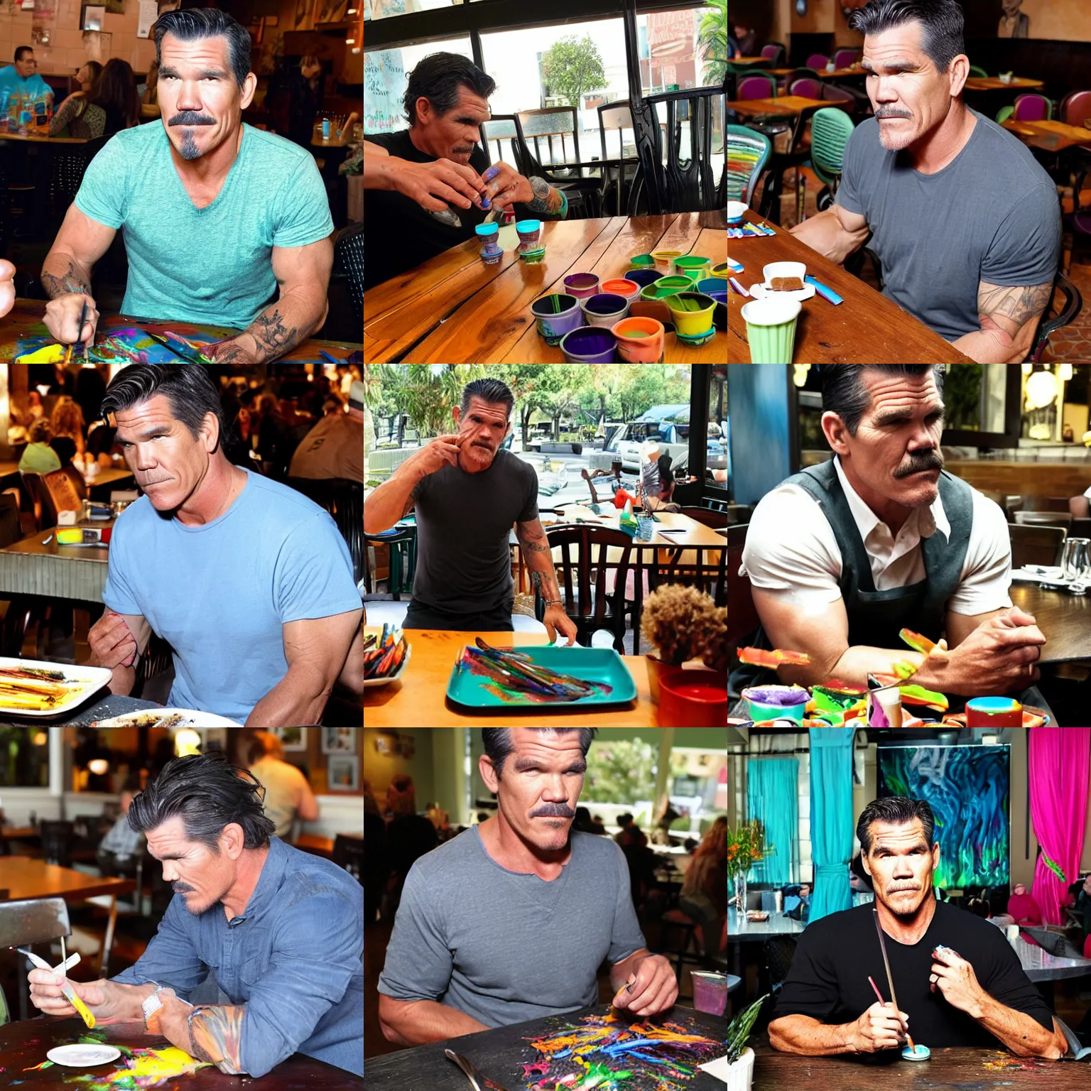 Prompt: Josh Brolin eats melted crayons at table in cafe, photograph