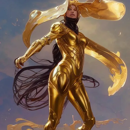 Image similar to a woman wearing a golden armor, full-body shot, digital painting, smooth, elegant, hd, art by WLOP and Artgerm and Greg Rutkowski and Alphonse Mucha