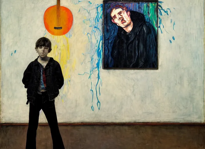 Prompt: nervous boy with acoustic guitar, vincent lefevre and hernan bas and pat steir and peter doig and hilma af klint, psychological, photorealistic, dripping paint, washy brush, rendered in octane, altermodern, masterpiece