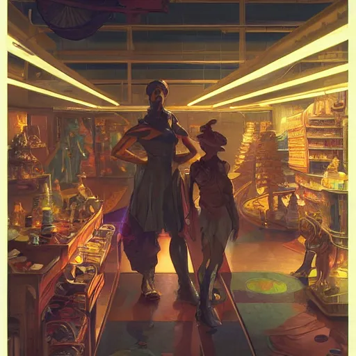 Image similar to inside a dimly lit futuristic toystore. highly detailed, digital painting, artstation, concept art, matte, sharp focus, illustration, art by artgerm and greg rutkowski and alphonse mucha