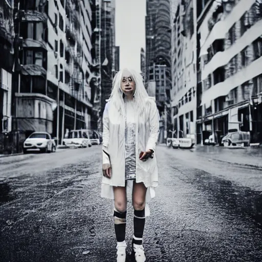 Image similar to white haired girl, dark eye liner, scar, future, dystopian, rain, city scape