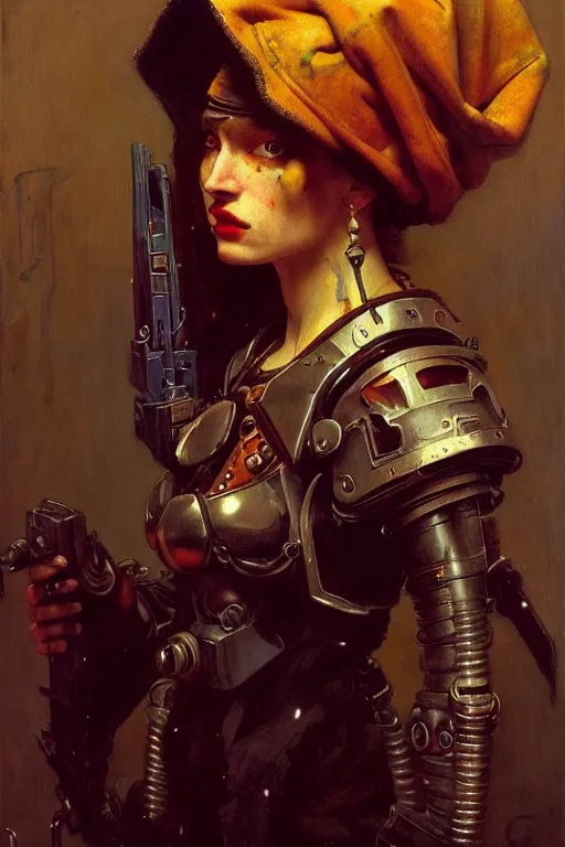 Image similar to full character portrait max mad cyberpunk warhammer 4 0 k, tech priest not the girl with the pearl earring character design, painting by gaston bussiere, katsuya terada, wyeth, greg rutkowski, craig mullins, ( ( ( ( ( vermeer ) ) ) ) ), frank frazetta, mucha, tom of finland, trending on artstation