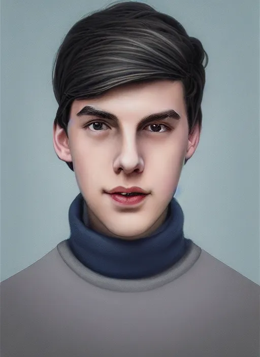 Image similar to portrait of teenage jughead jones wearing a light grey crown, crown, blue turtleneck, 1 9 5 0 s, closed eyes, photorealistic, black hair, glowing lighting, intricate, elegant, glowing lights, highly detailed, digital painting, artstation, concept art, smooth, sharp focus, illustration, art by wlop, mars ravelo and greg rutkowski