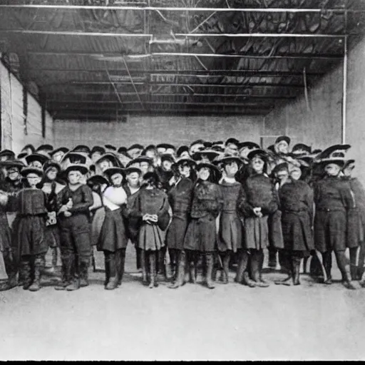 Image similar to grainy 1910s photo of a IT nerd army standing unused inside a warehouse