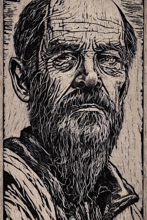 Prompt: a beautiful woodcut portrait print of an old man, 8 k, frostbite 3 engine, cryengine, dof, trending on artstation, digital art, crepuscular ray, art by roy l davies and tugboat printshop