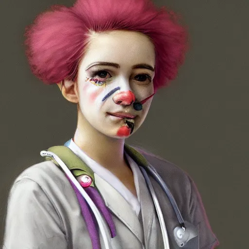 Image similar to clowncore pastel punk young hospital nurse wearing stylish uniform. detailed, portrait, 8 k, artwork by jean - baptiste monge