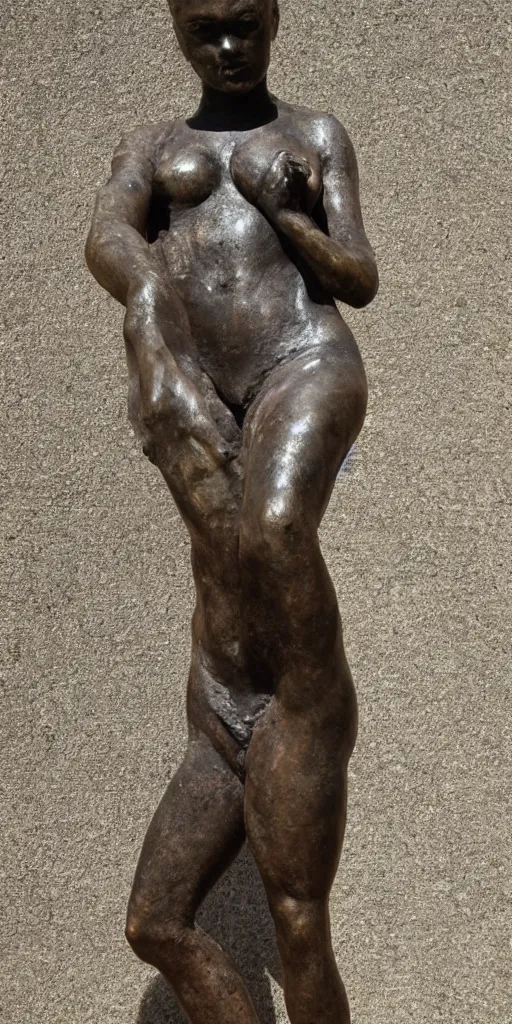 Prompt: photorealism full shot body portrait of old bronze patina statue of woman, bending poses, bokeh, detail, museum