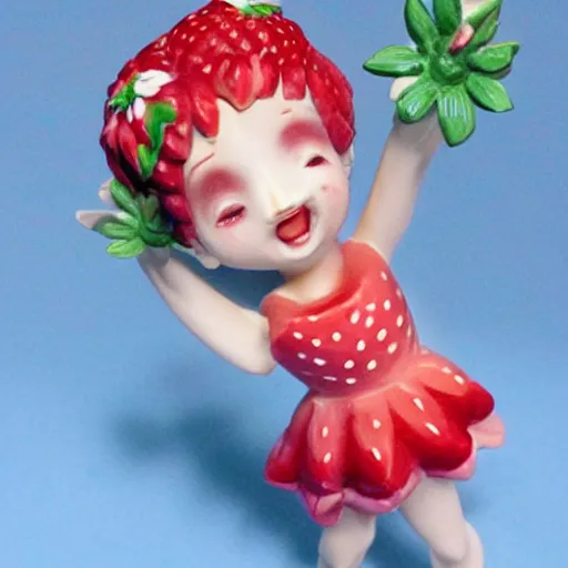 Image similar to a femo figurine of a cute funny strawberry fairy with a frilly floral dress