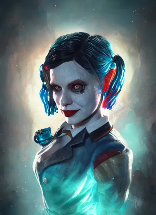 Image similar to underwater bioshock portrait of harley quinn, au naturel, hyper detailed, digital art, trending in artstation, cinematic lighting, studio quality, smooth render, unreal engine 5 rendered, octane rendered, art style by klimt and nixeu and ian sprigger and wlop and krenz cushart