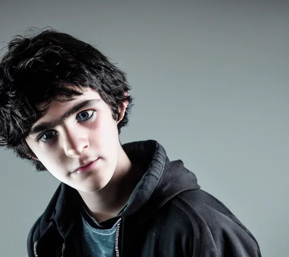 Image similar to an 8 5 mm professional portrait of nico di angelo, a 1 5 - year - old thin italian boy with pale olive skin, black sullen eyes, emo, sleep deprived, son of hades, shaggy black hair, a reluctant smile, detailed professional photography, night lighting, defiant, ghosts theme, volumetric lighting