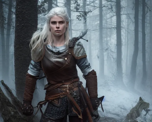 Image similar to 5 5 mm portrait photo of a real life tough looking freya allen as ciri in brown leather armor with silver hair and a large scar along her left cheek, in a magical forest. dark atmosphere. art by greg rutkowski. highly detailed 8 k. intricate. lifelike. soft light. nikon d 8 5 0.