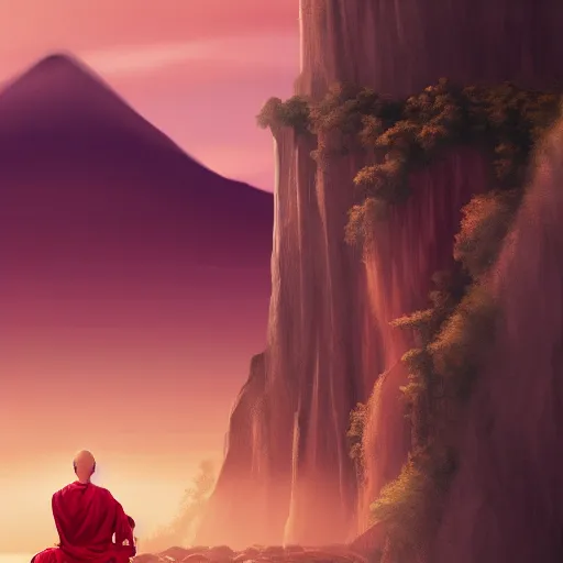 Prompt: meditating powerful monk dressed in white flowing robes hovering above the ground, with mystical mountains and a red and pink sunset background, orientalist, artstation, highly detailed