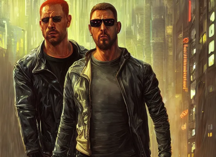 Image similar to cyberpunk meathead tries to intimidate cyberpunk feminist chick ( blade runner 2 0 4 9, dystopian, cyberpunk 2 0 7 7 character design ). gorgeous face. epic painting by james gurney and laurie greasley, oil on canvas. cinematic, hyper realism, realistic proportions, anatomy, dramatic lighting, high detail 4 k