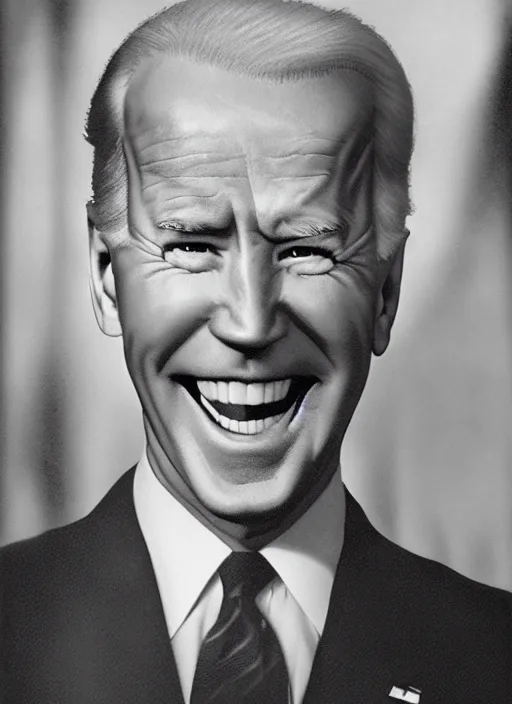 Prompt: first person perspective of joe biden staring directly at you ominously with a big scary smile, 1940s propoganda art