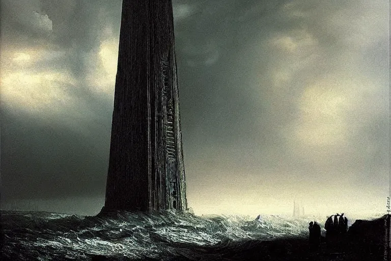 Prompt: awesome landscape rain lighting waves by peder balke with an tall alien structure tower obelisk by hrgiger!!!!!