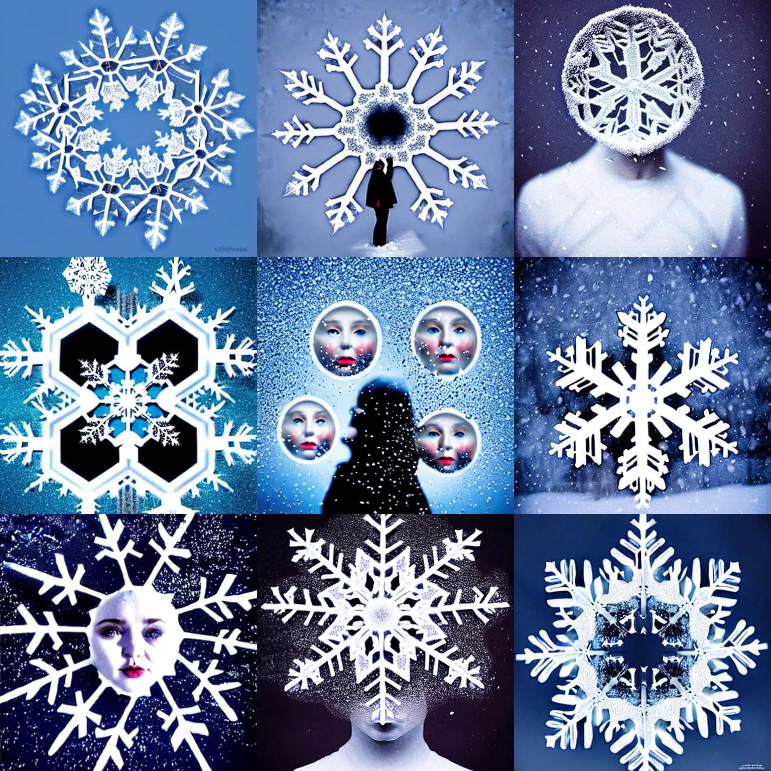 Prompt: surreal photography snowflakes with faces