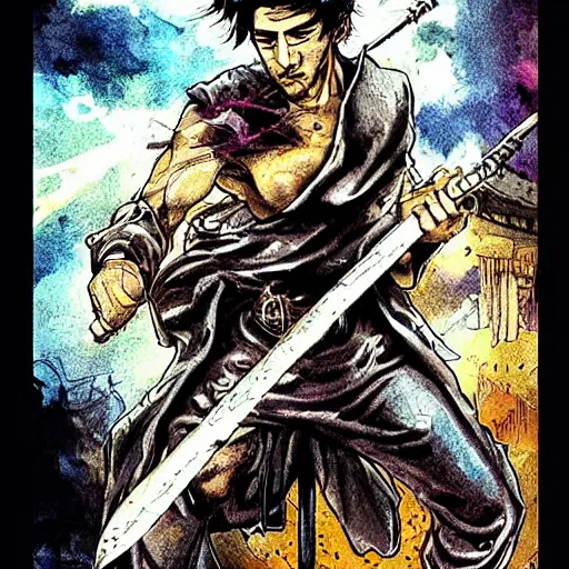 Prompt: pen and ink!!!! attractive 22 year old cyborg Frank Zappa x Ryan Gosling golden Vagabond!!!! magic swordsman glides through a beautiful battlefield magic the gathering dramatic esoteric!!!!!! pen and ink!!!!! illustrated in high detail!!!!!!!! by Hiroya Oku!!!!!!!!! Written by Wes Anderson graphic novel published on shonen jump MTG!!! 2049 award winning!!!!
