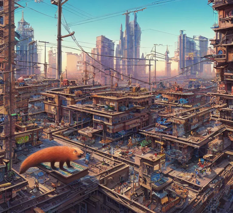 Image similar to hyperrealism photography hyperrealism concept art of highly detailed beavers builders that building highly detailed futuristic ( cyberpunk ) city by wes anderson and hasui kawase and scott listfield sci - fi style hyperrealism rendered in blender and octane render volumetric natural light