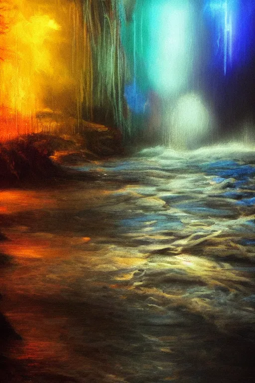 Prompt: electric river, painted by frank wu and peter lloyd, trending on artstation, rembrandt lighting front view iridescent colors, chalk art, macro, magic realism, manierism