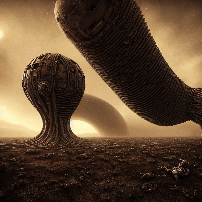 Image similar to ribbed surreal abandoned alien spaceship on exoplanet, covered in a desolate empty wasteland, creepy, nightmare, dream-like heavy atmosphere, surreal abandoned buildings, beautiful detailed intricate insanely detailed octane render trending on Artstation, 8K artistic photography, photorealistic, chiaroscuro, Raphael, Caravaggio, Beksinski, Giger