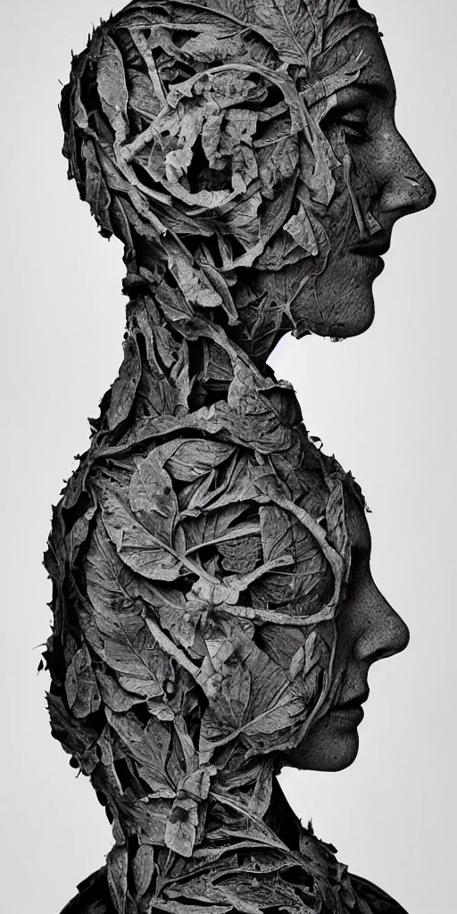 Image similar to a woman's face in profile, made of leaf skeleton, in the style of the Dutch masters and Gregory Crewdson, dark and moody