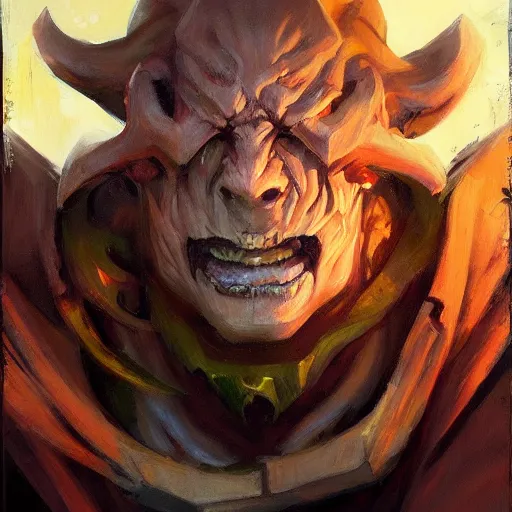 Image similar to greg manchess portrait painting of doom from dota 2, medium shot, asymmetrical, profile picture, organic painting, sunny day, matte painting, bold shapes, hard edges, street art, trending on artstation, by huang guangjian and gil elvgren and sachin teng