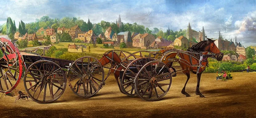 Prompt: a medieval horse - drawn cart, digital art, extreme detail, with the village in the distance