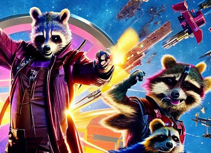 Image similar to film still of Rocket Racoon working at McDonald's in the new Guardians of the Galaxy movie, 4k