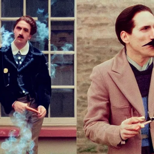 Image similar to Mario smoking a cigarette in a Wes Anderson film aesthetic!!!