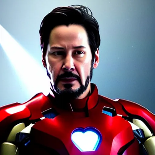 Image similar to Keanu Reeves as Iron Man, photorealistic, cinematic lighting