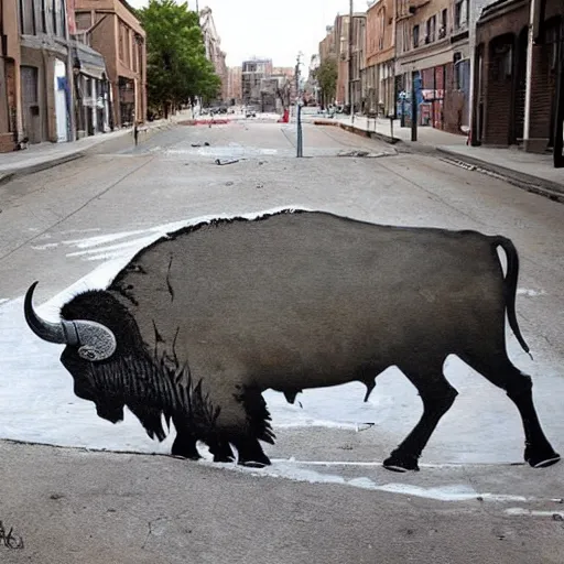 Prompt: a buffalo covered in flour in the middle of the street, graffiti banksy art