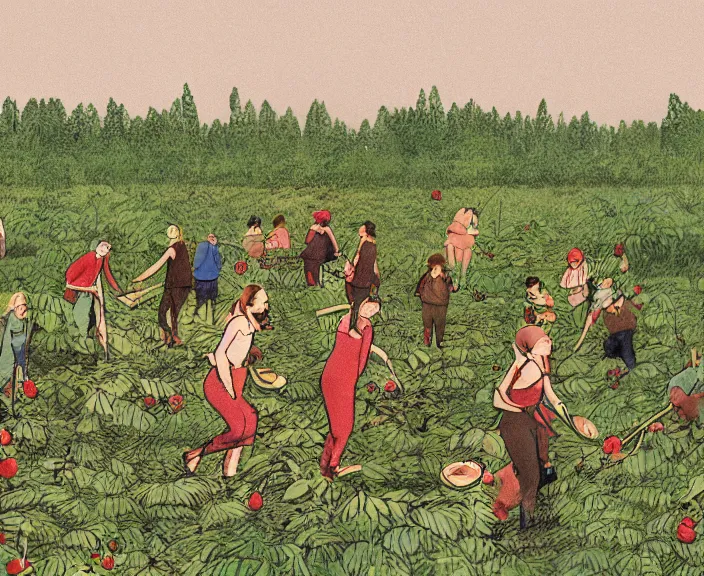 Prompt: finnish people gathering berries in open swamp while listening progressive dance music, a scene from czech seventies animation