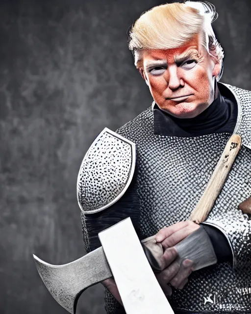 Prompt: a photo of donald trump dressed as a medieval knight. he's holding a giant axe. medium shot portrait. dslr photography