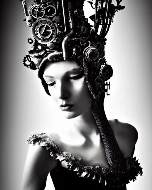 Image similar to a black and white high quality dreamy photo of a young beautiful female queen-silver dragon-vegetal-flower-cyborg veiled bust with a very long steampunk cyborg neck, elegant, highly detailed, poetic, soft, dreamy, mysterious, high fashion, in the style of Horst P. Horst, Metropolis, Realistic, Refined, Digital Art, Highly Detailed, Cinematic Lighting, rim light, black and white, photo-realistic, 8K