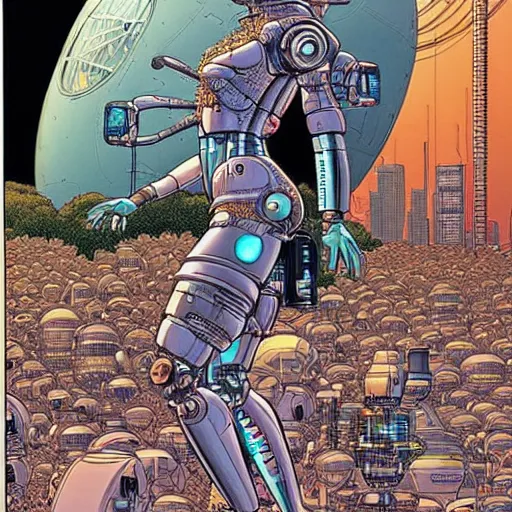 Image similar to a beautiful highly detailed futuristic mechanical lady, cyberpunk garage on jupiter, filled with people,, art by geof darrow,