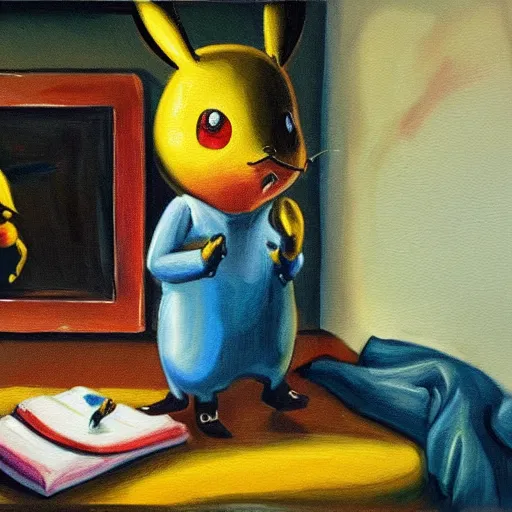 Image similar to sad masterful oil painting of twice divorced alcoholic pikachu alone in his room