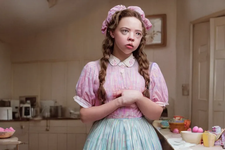 Prompt: wide-shot of Sydney Sweeney as the maid in a movie directed by Wes Anderson, symmetrical shot, idiosyncratic, relentlessly detailed, pastel colour palette, detailed perfect face, movie still frame, artstation, promotional image, imax 70mm footage