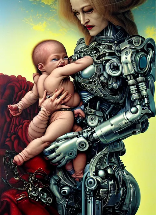 Prompt: realistic detailed image of futuristic cyborg-madonna holding a newborn baby child in hands by Raphael Santi, by Ayami Kojima, Amano, Karol Bak, Greg Hildebrandt, and Mark Brooks, Neo-Gothic, gothic, rich deep colors. Beksinski painting, part by Adrian Ghenie and Gerhard Richter. art by Takato Yamamoto. masterpiece