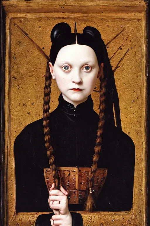 Image similar to portrait of wednesday addams, oil painting by jan van eyck, northern renaissance art, oil on canvas, wet - on - wet technique, realistic, expressive emotions, intricate textures, illusionistic detail