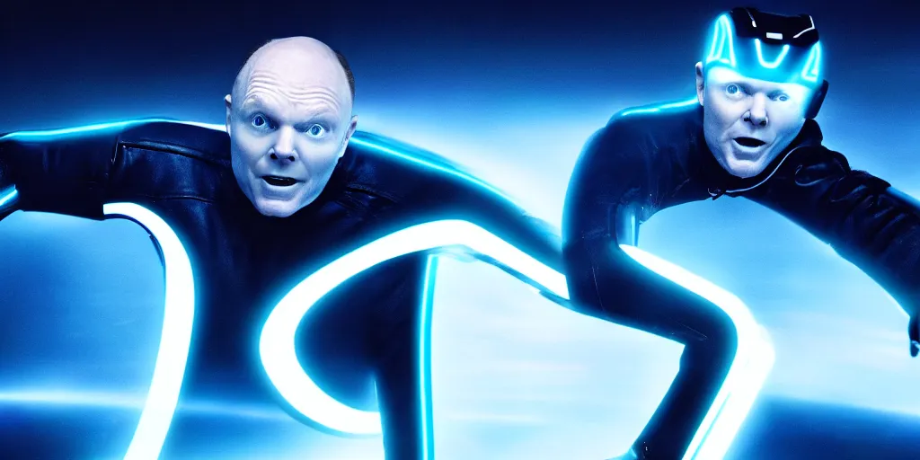 Image similar to a film still of Bill burr in Tron, high quality