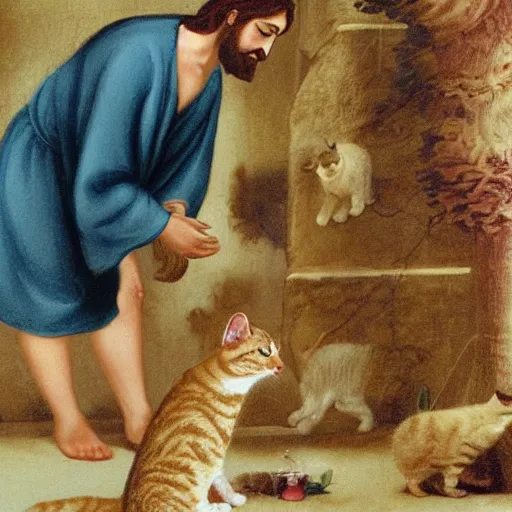 Prompt: Jesus petting a tabby cat, the is cat looking up to him and purrs