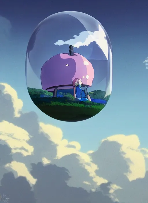 Prompt: an asymmetrical cell - shaded studio ghibli concept art study of a dark cube inside a transparent bubble in the sky. wide shot, very dull colors, hd, 4 k, hq