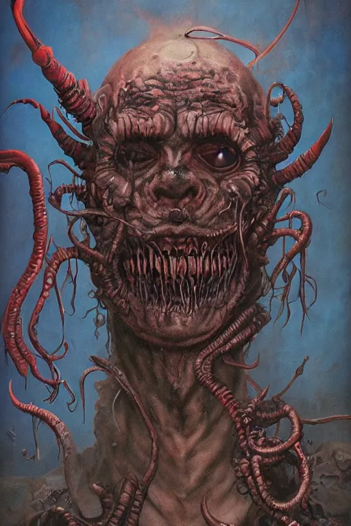 Prompt: eldritch portrait of a demon clown with deep dark eyes and lots of mascara and sharp wicked steampunk teeth dark surrealism by michael whelan, dariusz zawadzki, beksinski and chris mars